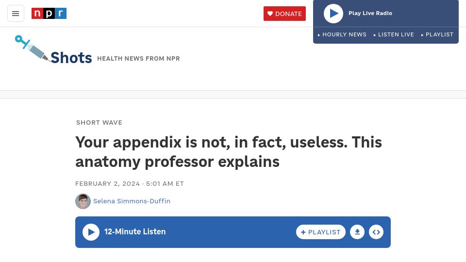 Screenshot of npr.org: The appendix is not, in fact, useless