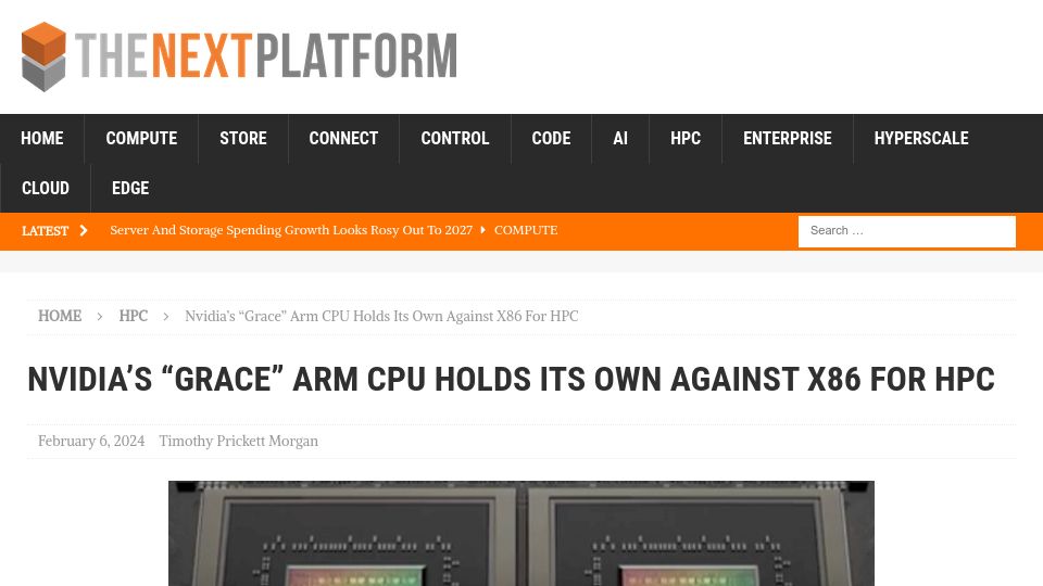 Screenshot of nextplatform.com: Nvidia's "Grace" Arm CPU holds its own against x86 for HPC