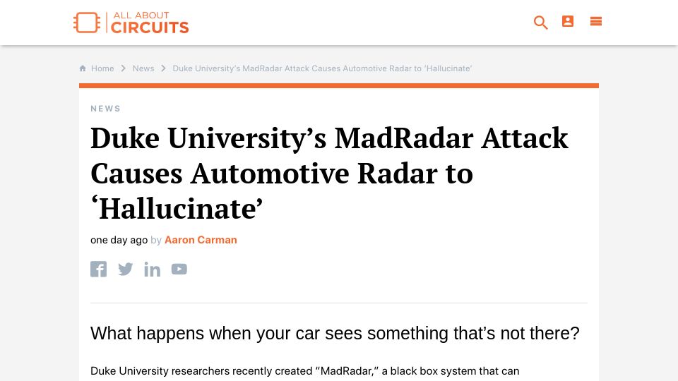 Screenshot of allaboutcircuits.com: MadRadar attack causes automotive radar to 'hallucinate'