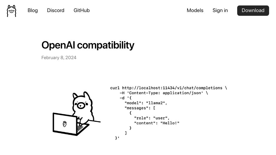 Screenshot of ollama.ai: OpenAI compatibility