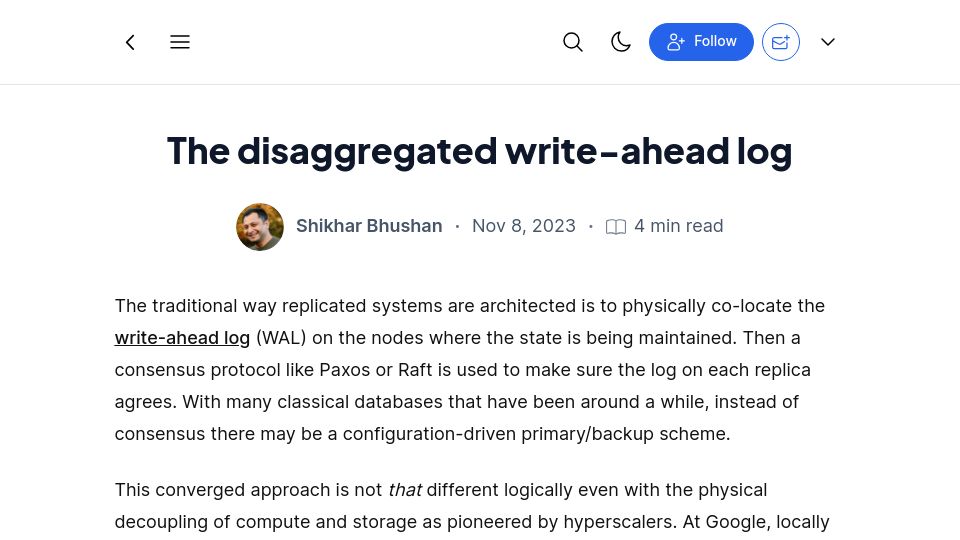 Screenshot of blog.schmizz.net: The disaggregated write-ahead log (2023)