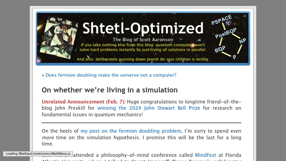 Screenshot of scottaaronson.blog: On whether we're living in a simulation