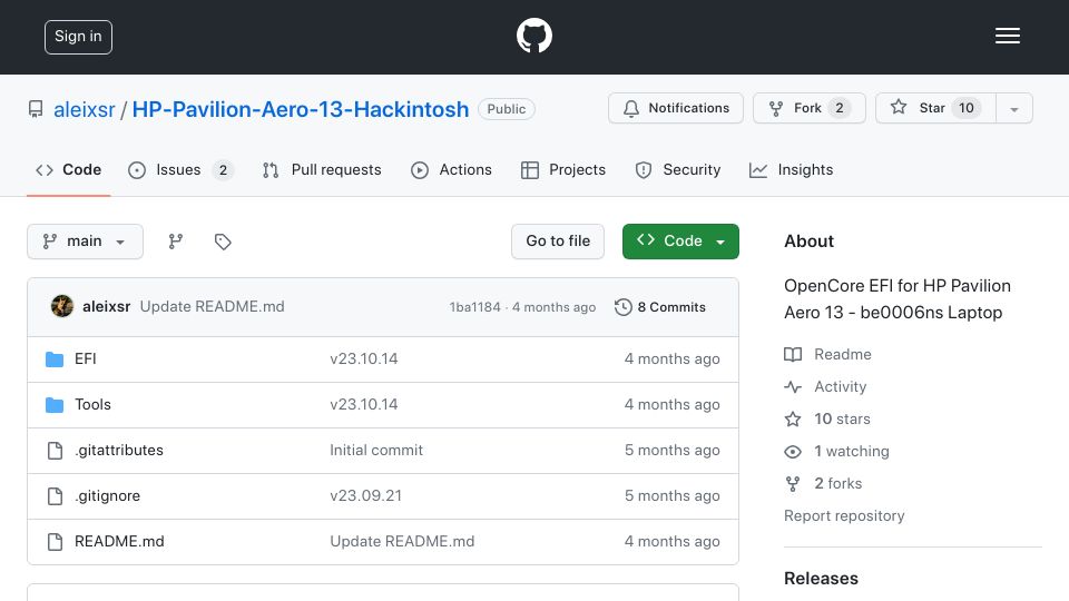 Screenshot of github.com: Hackintosh: OpenCore EFI for HP Pavilion Aero 13 Laptop