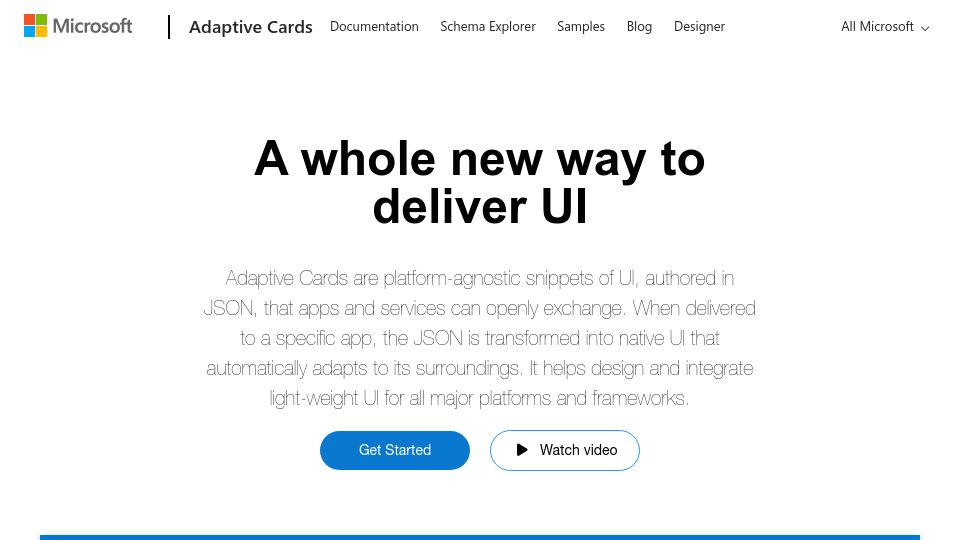 Screenshot of adaptivecards.io: Adaptive Cards: Platform-agnostic snippets of UI, authored in JSON