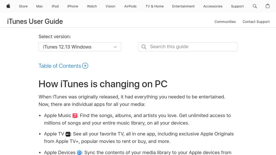Screenshot of support.apple.com: How iTunes Is Changing on PC