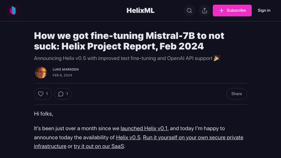 Screenshot of helixml.substack.com: How we got fine-tuning Mistral-7B to not suck