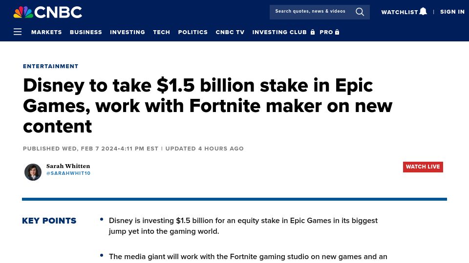 Screenshot of cnbc.com: Disney to take $1.5B stake in Epic Games
