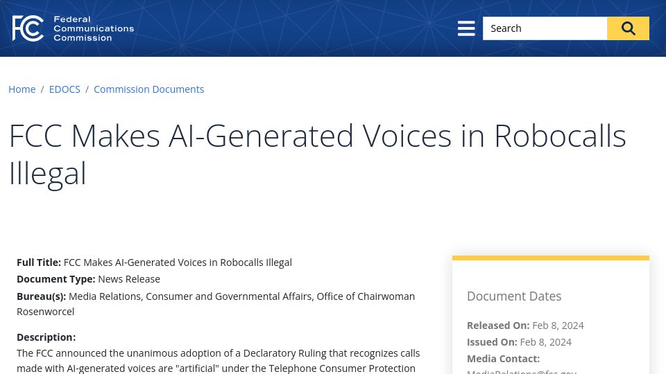 Screenshot of fcc.gov: FCC rules AI-generated voices in robocalls illegal