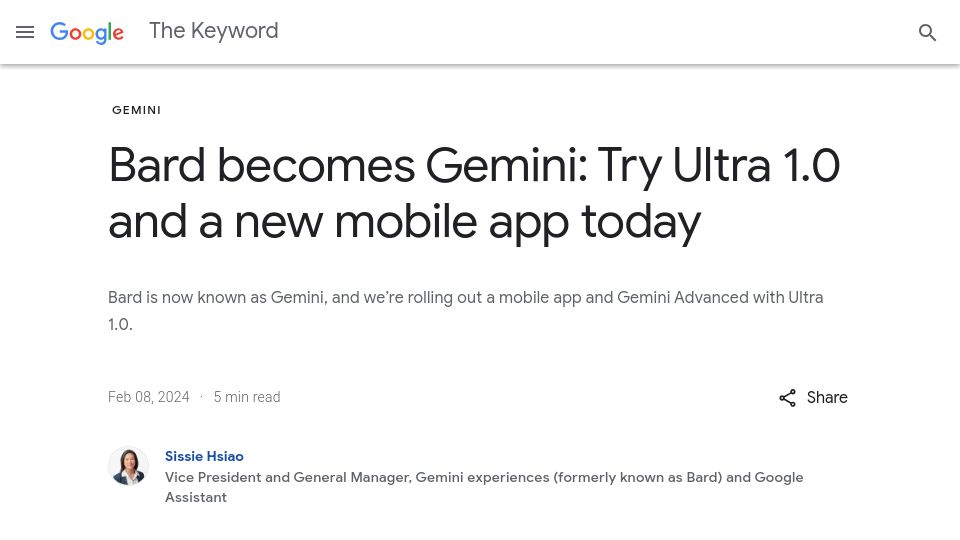 Screenshot of blog.google: Bard is now Gemini, and we’re rolling out a mobile app and Gemini Advanced