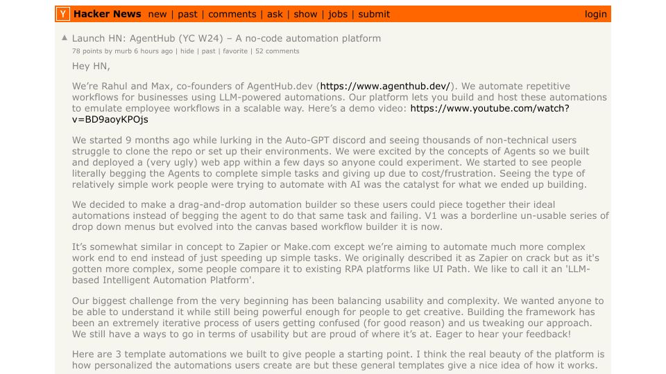 Screenshot of Hacker News post: Launch HN: AgentHub (YC W24) – A no-code automation platform