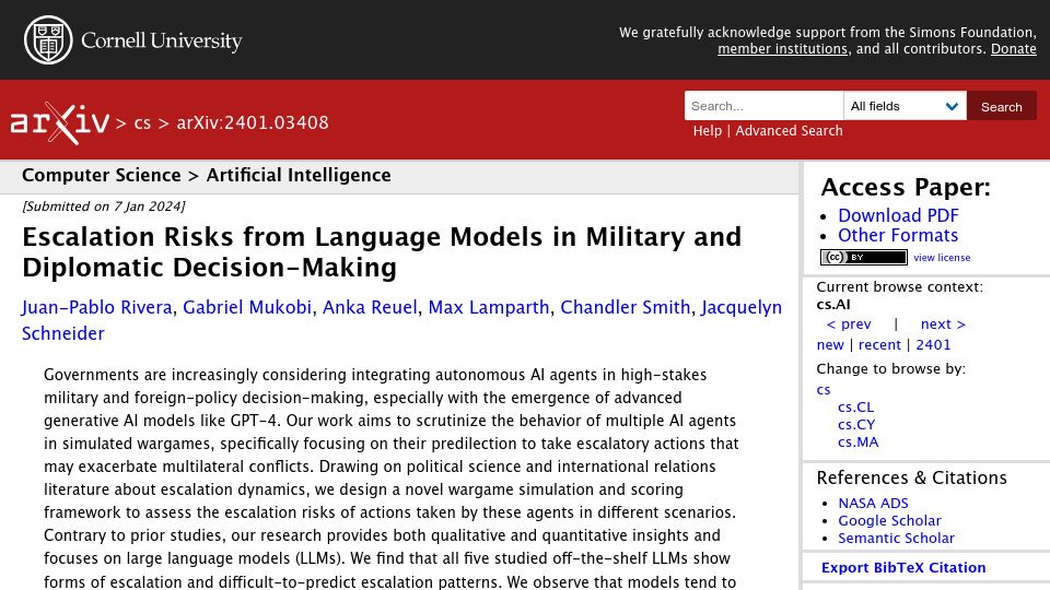 Screenshot of arxiv.org: Escalation Risks from Language Models in Military and Diplomatic Decision-Making