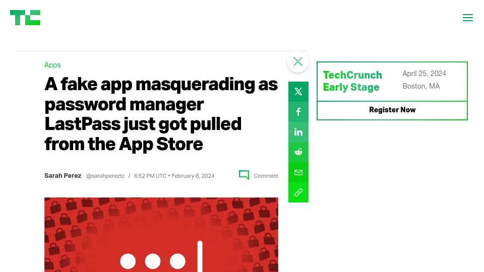 Screenshot of techcrunch.com: Fake app masquerading as password manager LastPass just pulled from App Store
