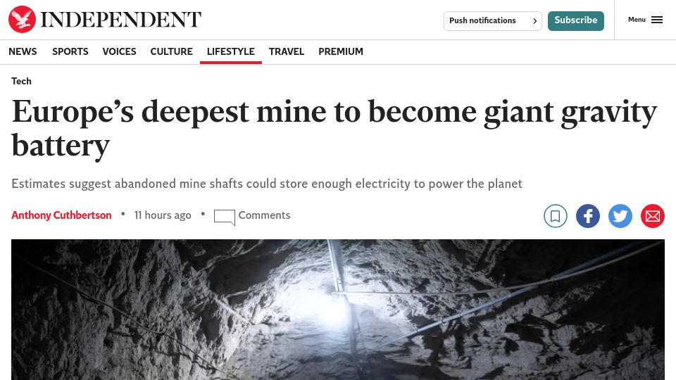 Screenshot of independent.co.uk: Europe's deepest mine to become giant gravity battery