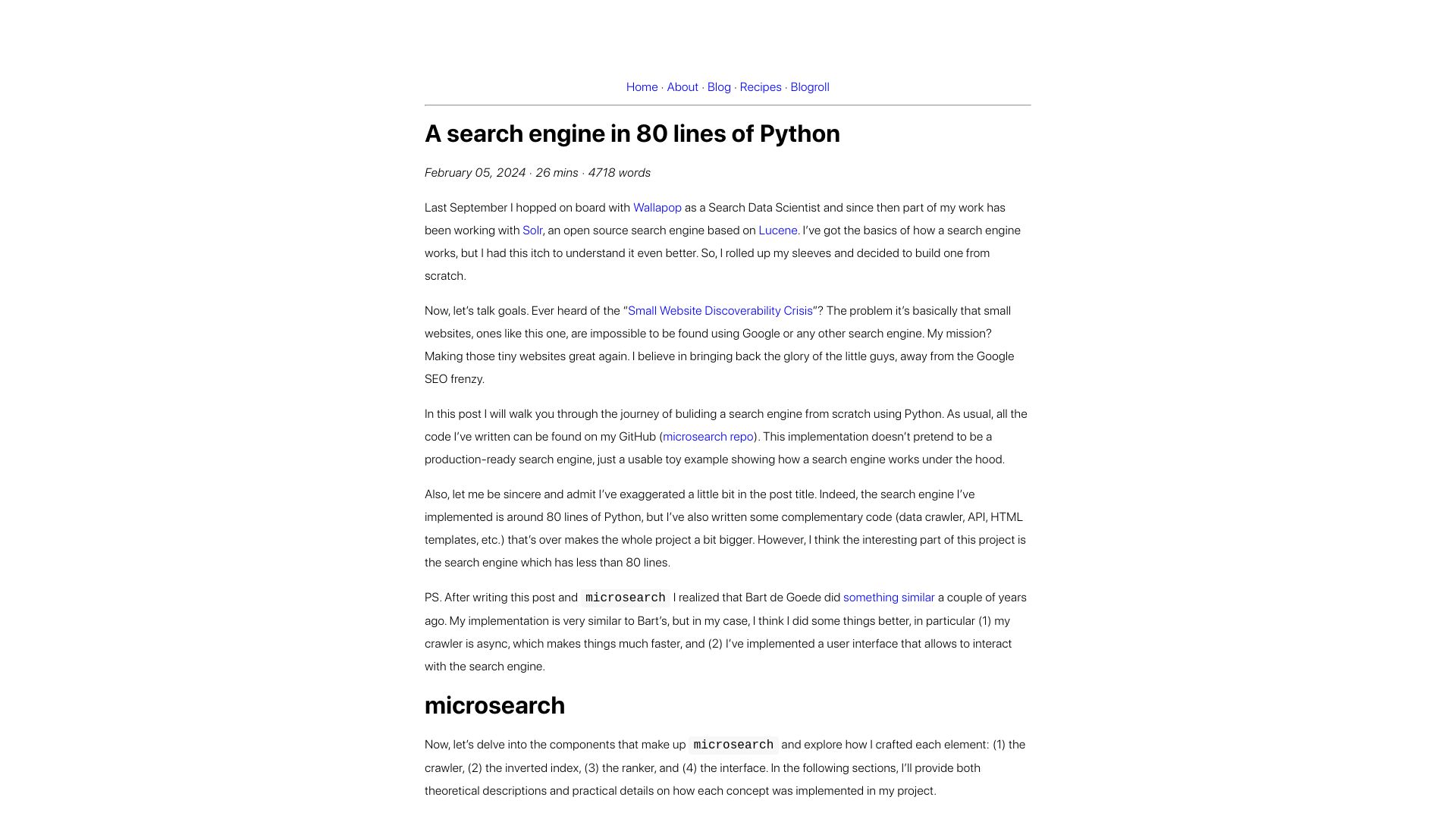 Screenshot of alexmolas.com: A search engine in 80 lines of Python