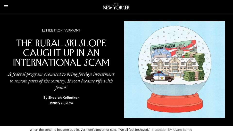 Screenshot of newyorker.com: A rural ski slope caught up in an international scam