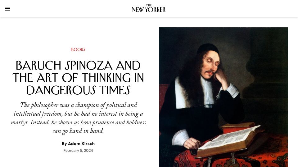 Screenshot of newyorker.com: Baruch Spinoza and the art of thinking in dangerous times