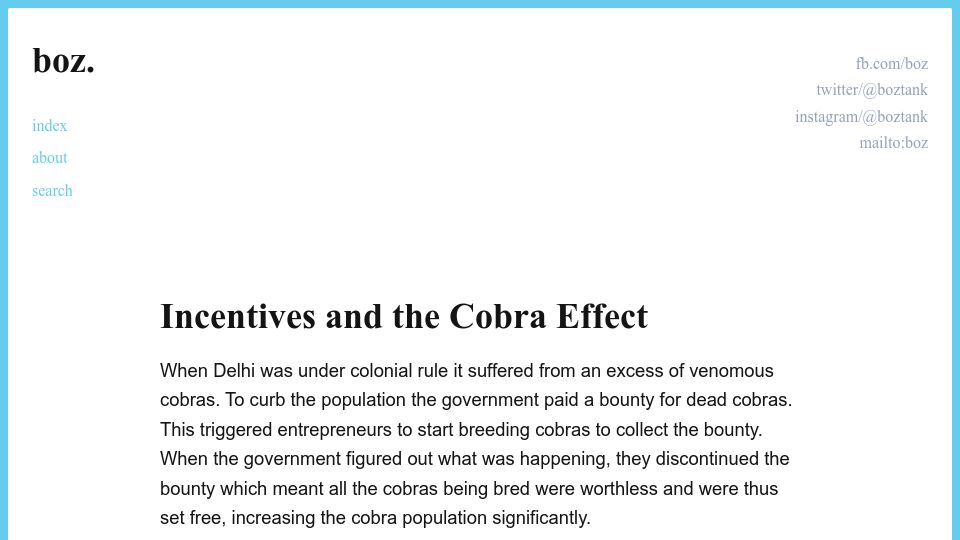 Screenshot of boz.com: Incentives and the Cobra Effect