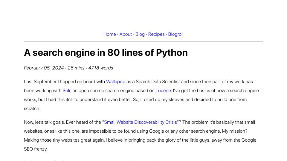 Screenshot of alexmolas.com: A search engine in 80 lines of Python