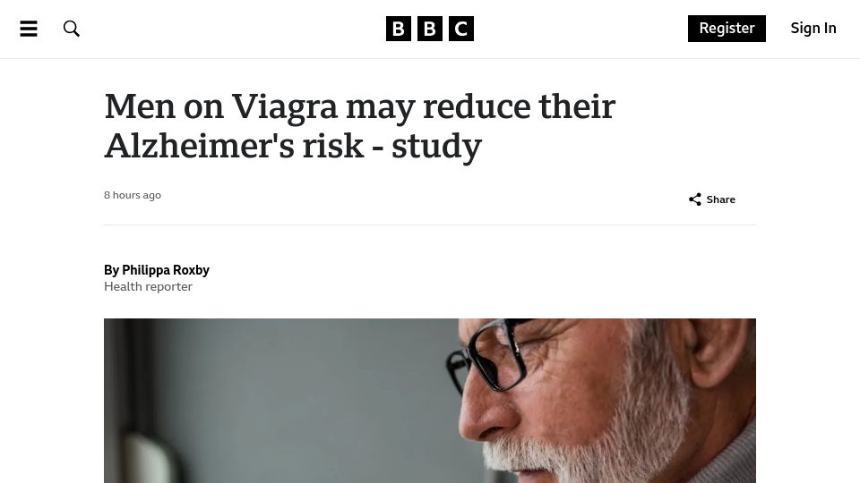Screenshot of bbc.co.uk: Men on Viagra may reduce their Alzheimer's risk – study