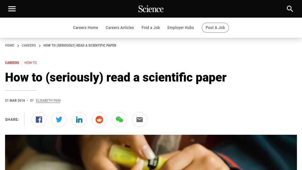 Screenshot of science.org: How to (seriously) read a scientific paper (2016)