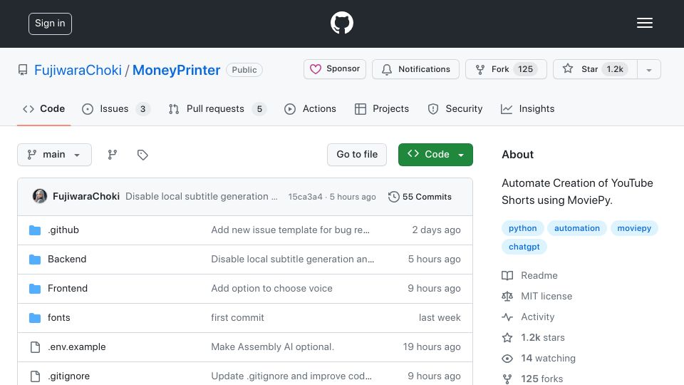 Screenshot of github.com: Automate the creation of YouTube Shorts by providing a topic
