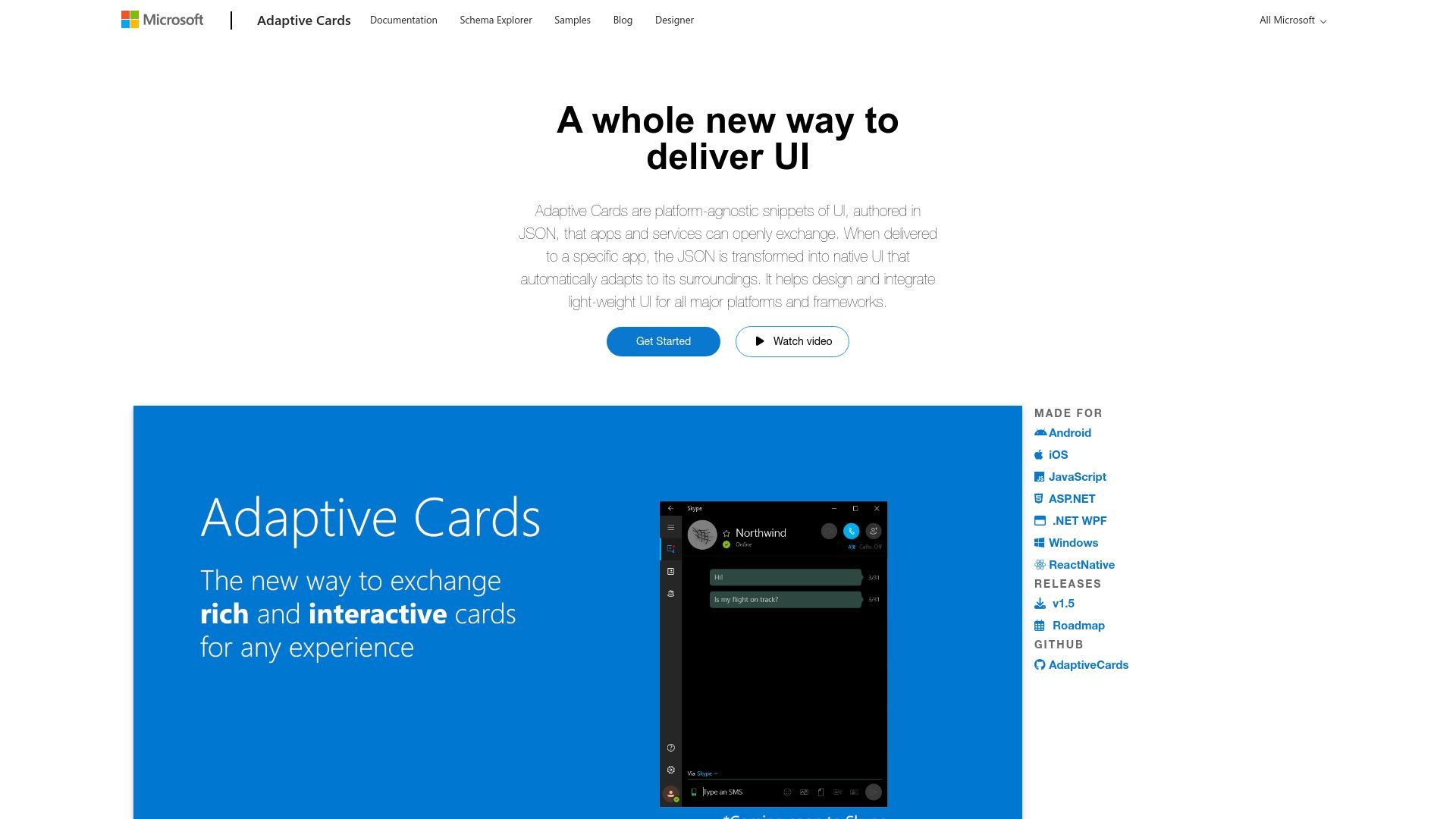 Screenshot of adaptivecards.io: Adaptive Cards: Platform-agnostic snippets of UI, authored in JSON