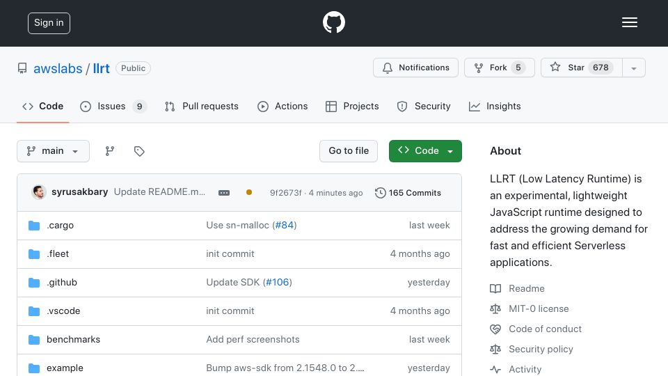 Screenshot of github.com: LLRT: A low-latency JavaScript runtime from AWS