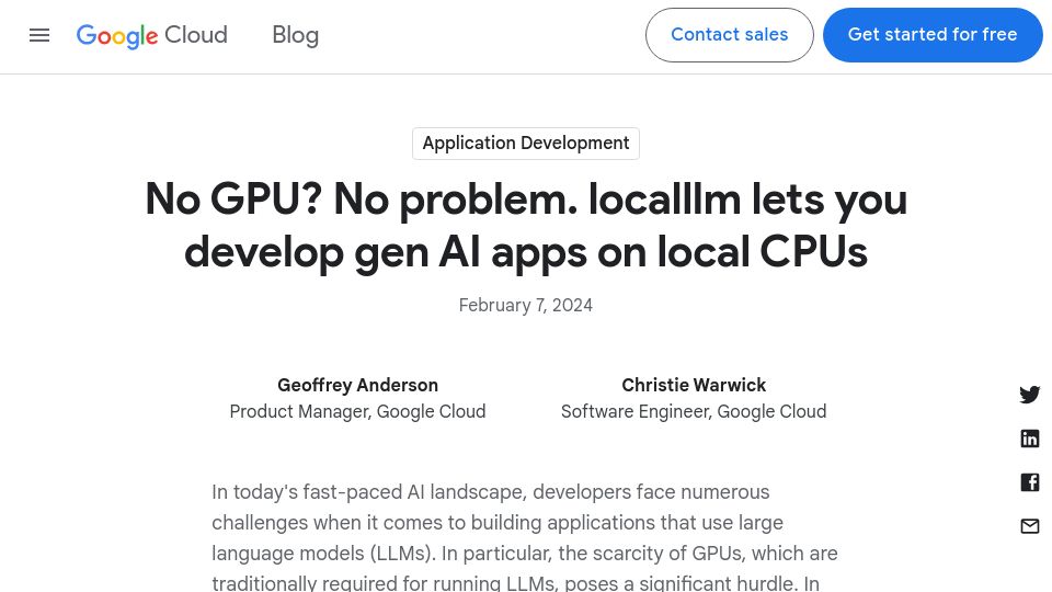 Screenshot of cloud.google.com: Localllm lets you develop gen AI apps on local CPUs