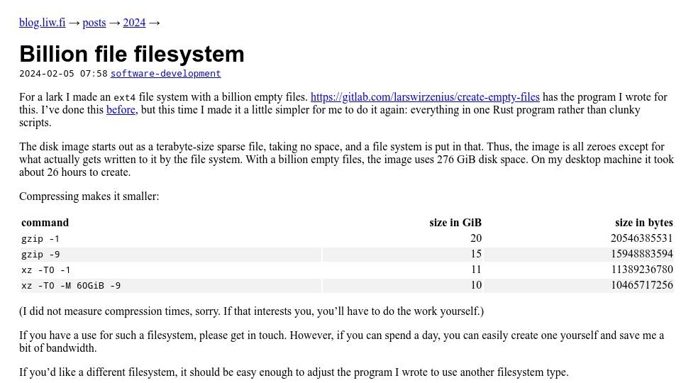 Screenshot of blog.liw.fi: Billion file filesystem