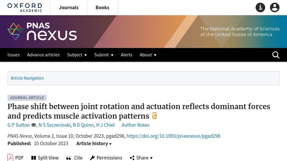 Screenshot of academic.oup.com: Phase shift between rotation and actuation predicts muscle activation patterns