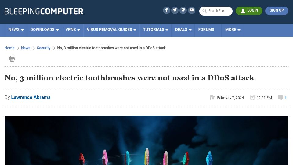 Screenshot of bleepingcomputer.com: 3M electric toothbrushes were not used in a DDoS attack