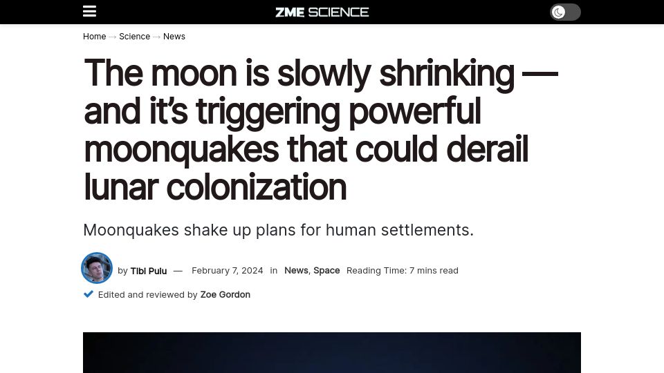 Screenshot of zmescience.com: The moon is slowly shrinking – and it's triggering powerful moonquakes