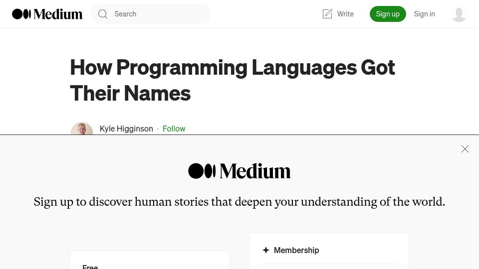 Screenshot of kylehigginson.medium.com: How Programming Languages Got Their Names