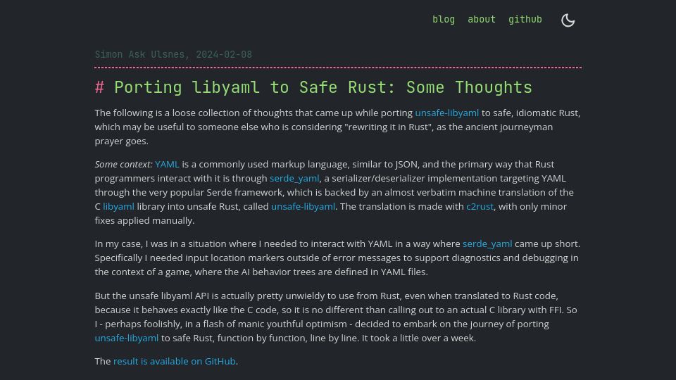 Screenshot of simonask.github.io: Porting Libyaml to Safe Rust: Some Thoughts