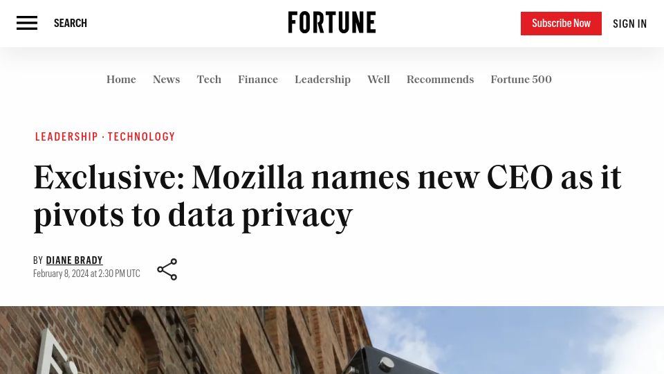 Screenshot of fortune.com: Mozilla names new CEO as it pivots to data privacy