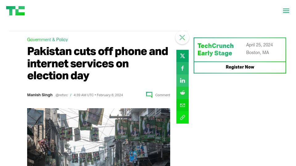 Screenshot of techcrunch.com: Pakistan cuts off phone and internet services on election day