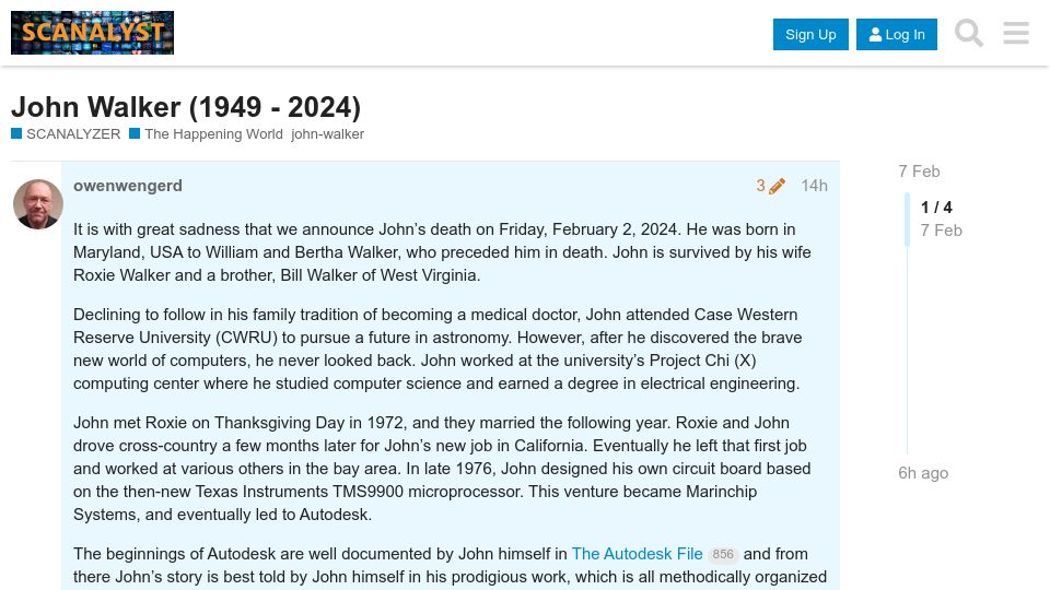Screenshot of scanalyst.fourmilab.ch: John Walker, founder of Autodesk, has died