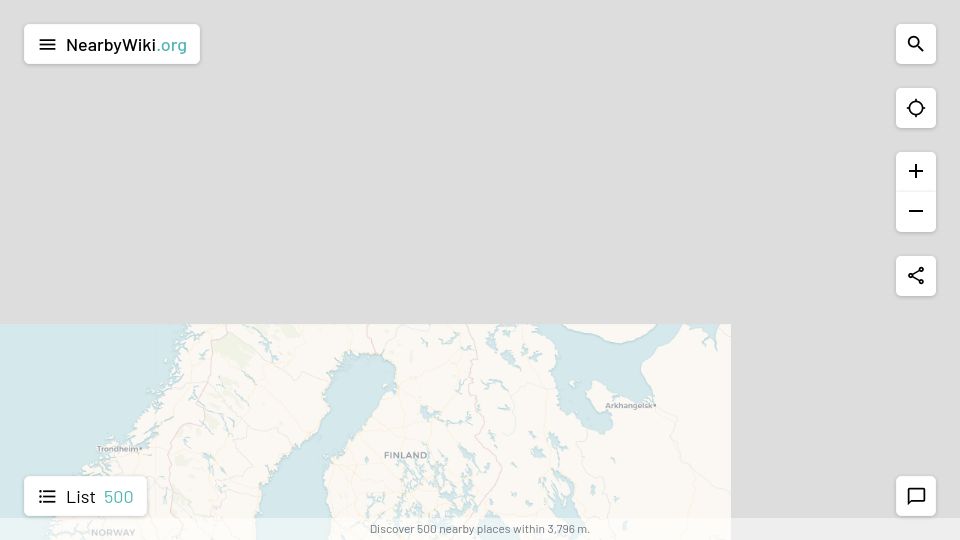 Screenshot of en.nearbywiki.org: Explore interesting places nearby listed on Wikipedia