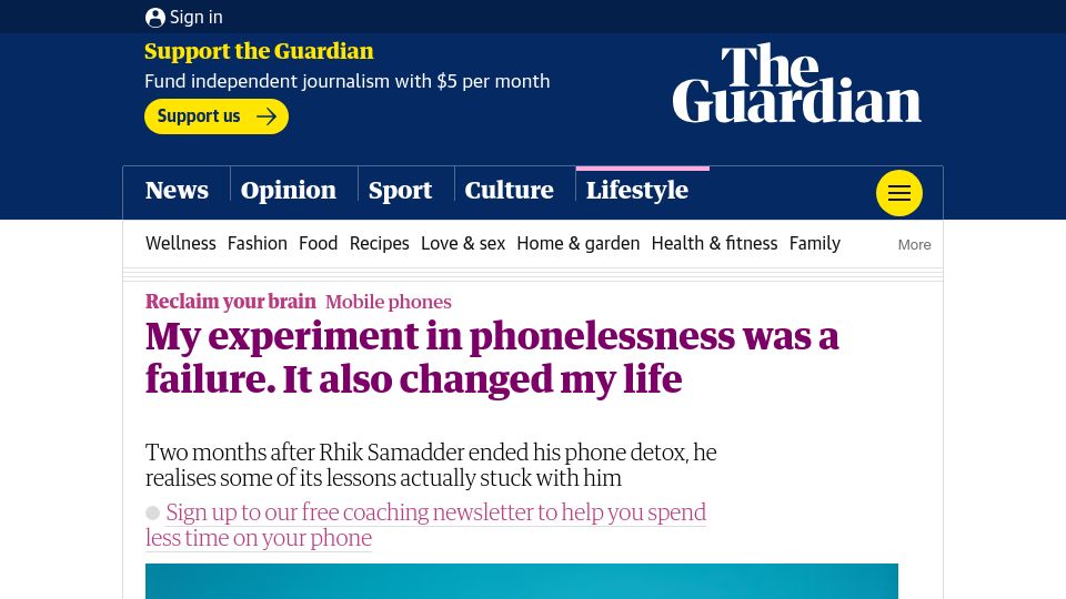Screenshot of theguardian.com: My experiment in phonelessness was a failure, and it also changed my life