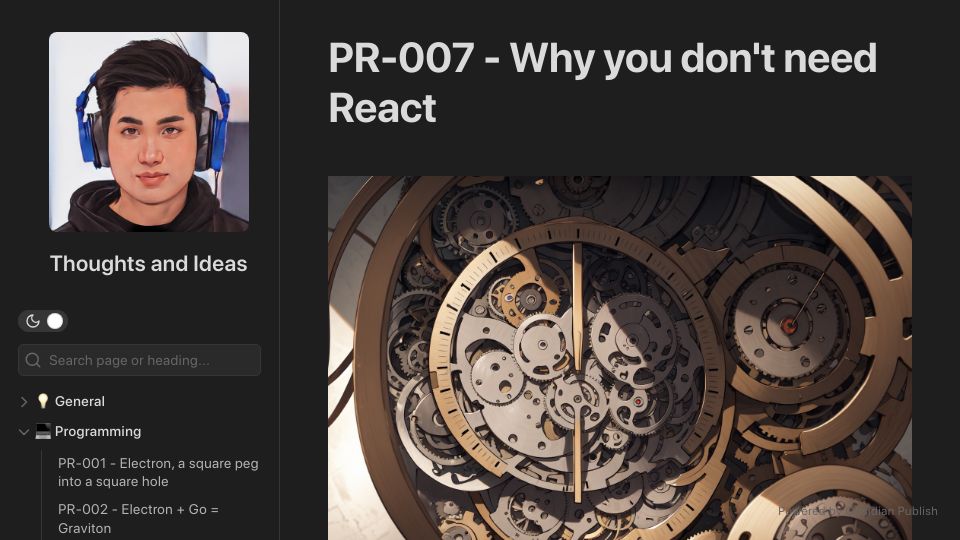 Screenshot of md.jtmn.dev: React has grown beyond its original promise and it's causing more harm than good