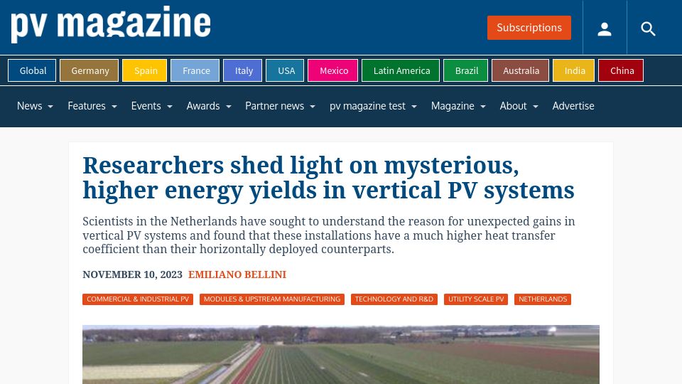 Screenshot of pv-magazine.com: Researchers shed light on higher energy yields in vertical PV systems