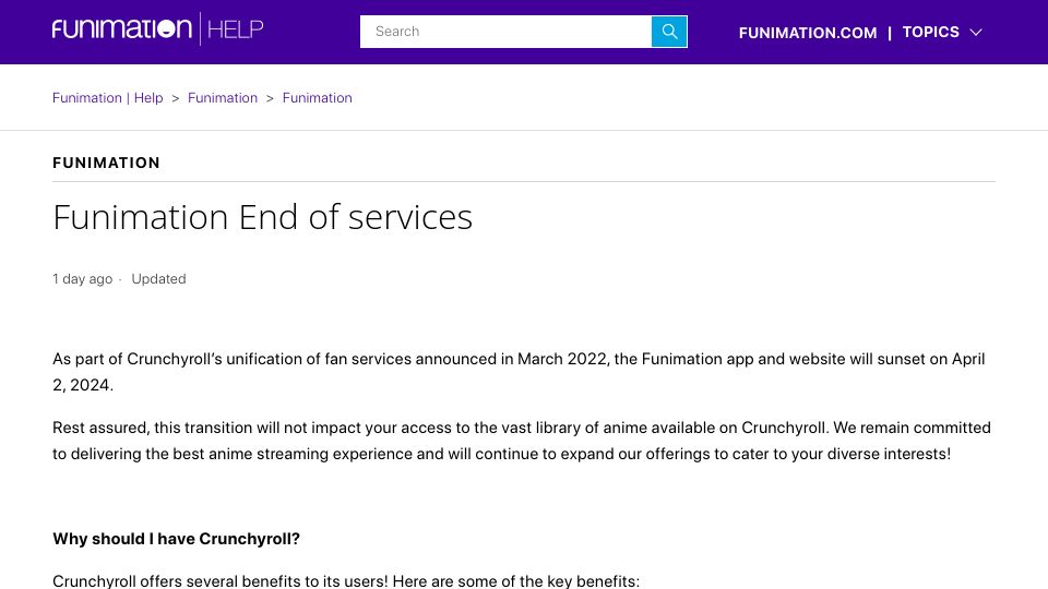 Screenshot of help.funimation.com: Funimation End of Services