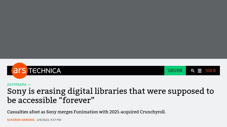 Screenshot of arstechnica.com: Sony is erasing digital libraries that were supposed to be accessible "forever"