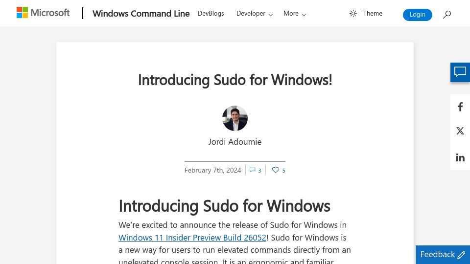 Screenshot of devblogs.microsoft.com: Sudo for Windows