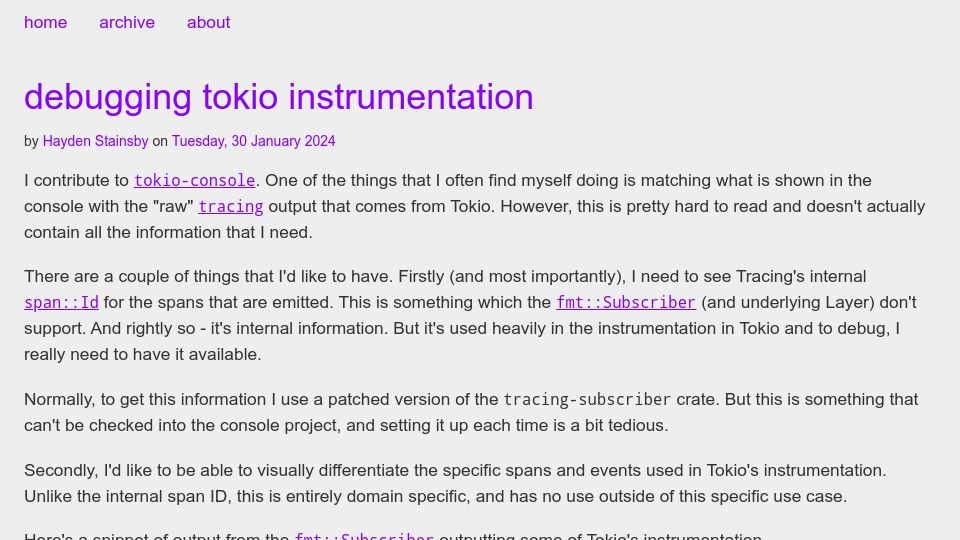 Screenshot of hegdenu.net: Debugging Tokio instrumentation