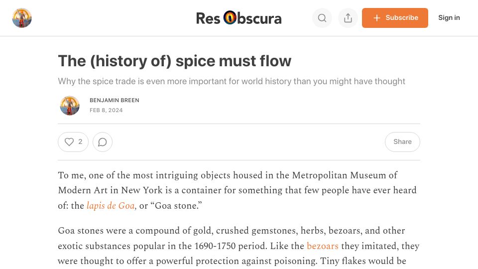 Screenshot of resobscura.substack.com: The (history of) spice must flow