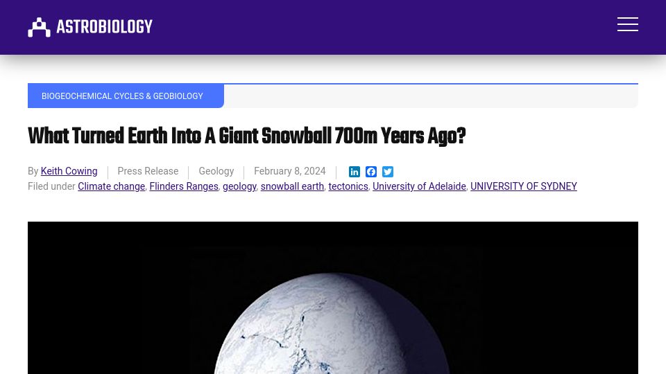 Screenshot of astrobiology.com: An extreme ice-age climate 700M years ago
