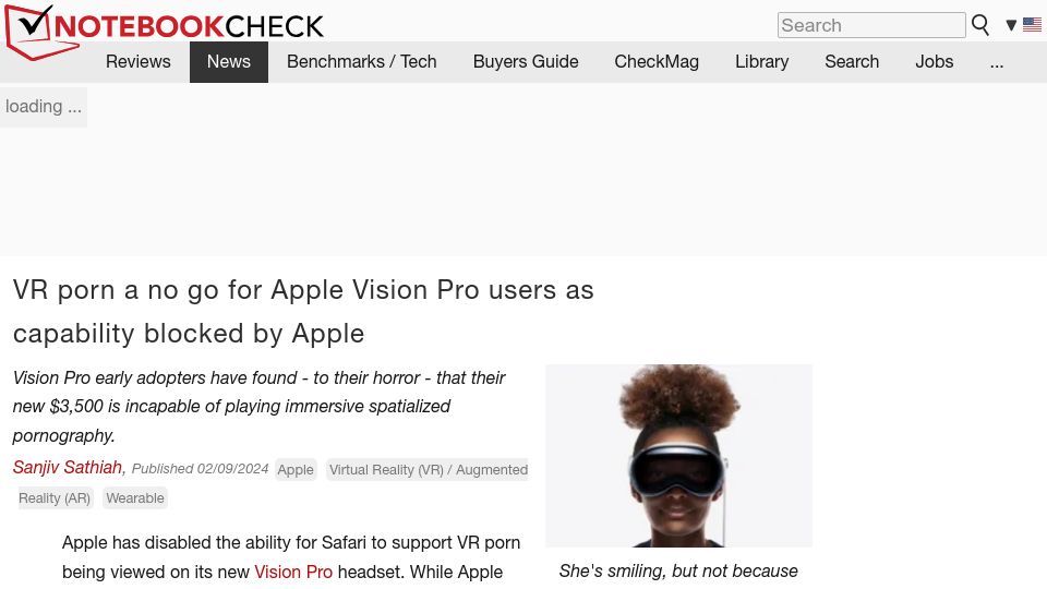 Screenshot of notebookcheck.net: VR porn a no go for Apple Vision Pro users as capability blocked by Apple