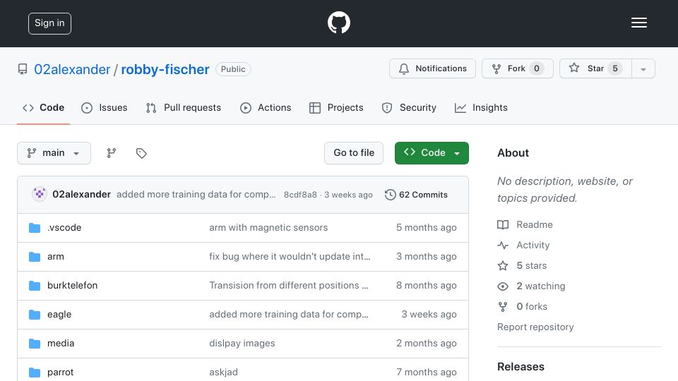 Screenshot of github.com: An autonomous robot arm that you can play against