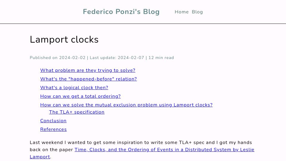 Screenshot of blog.fponzi.me: Lamport Clocks